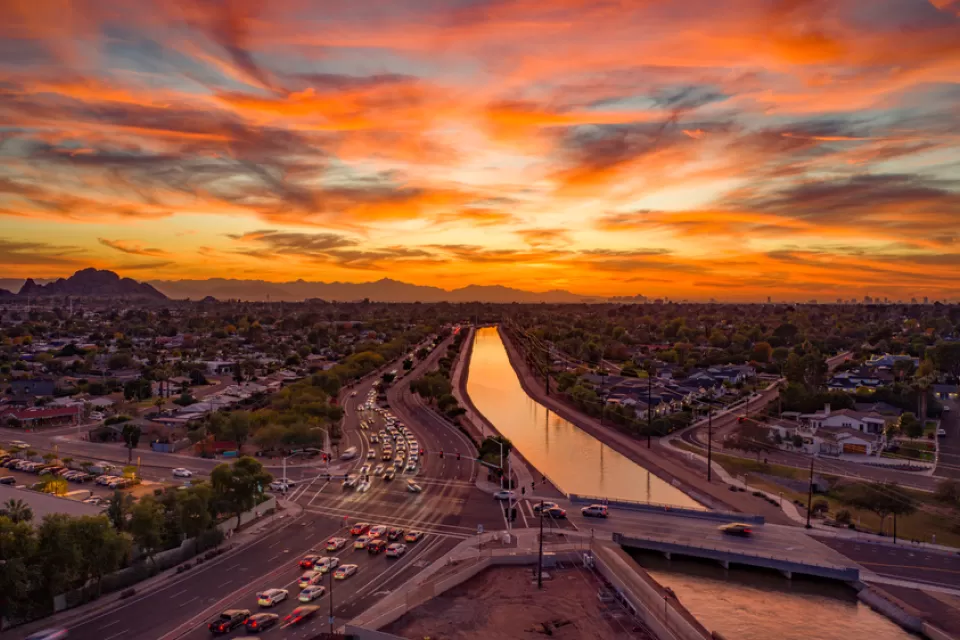 Sunset view over canal and downtown Scottsdale, Arizona